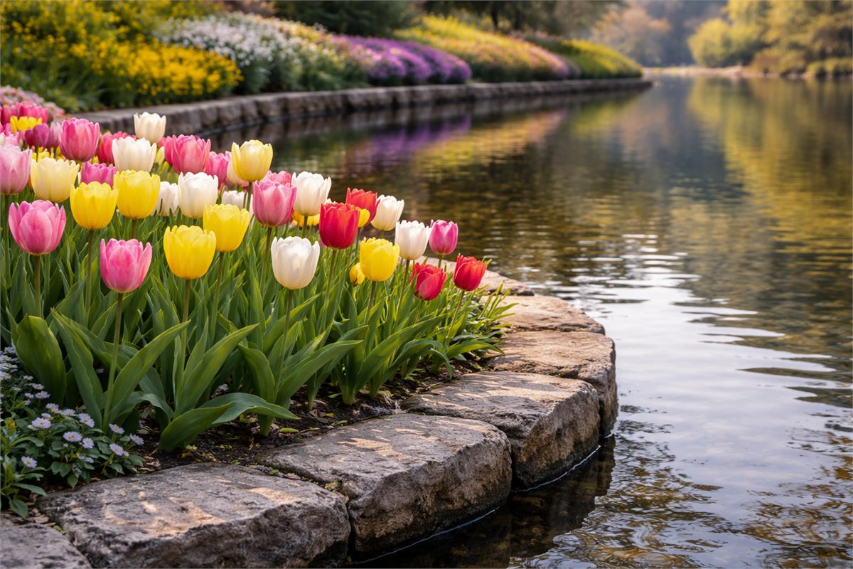 물가를 따라 피어난 튤립과 수변 정원의 디테일 장면 