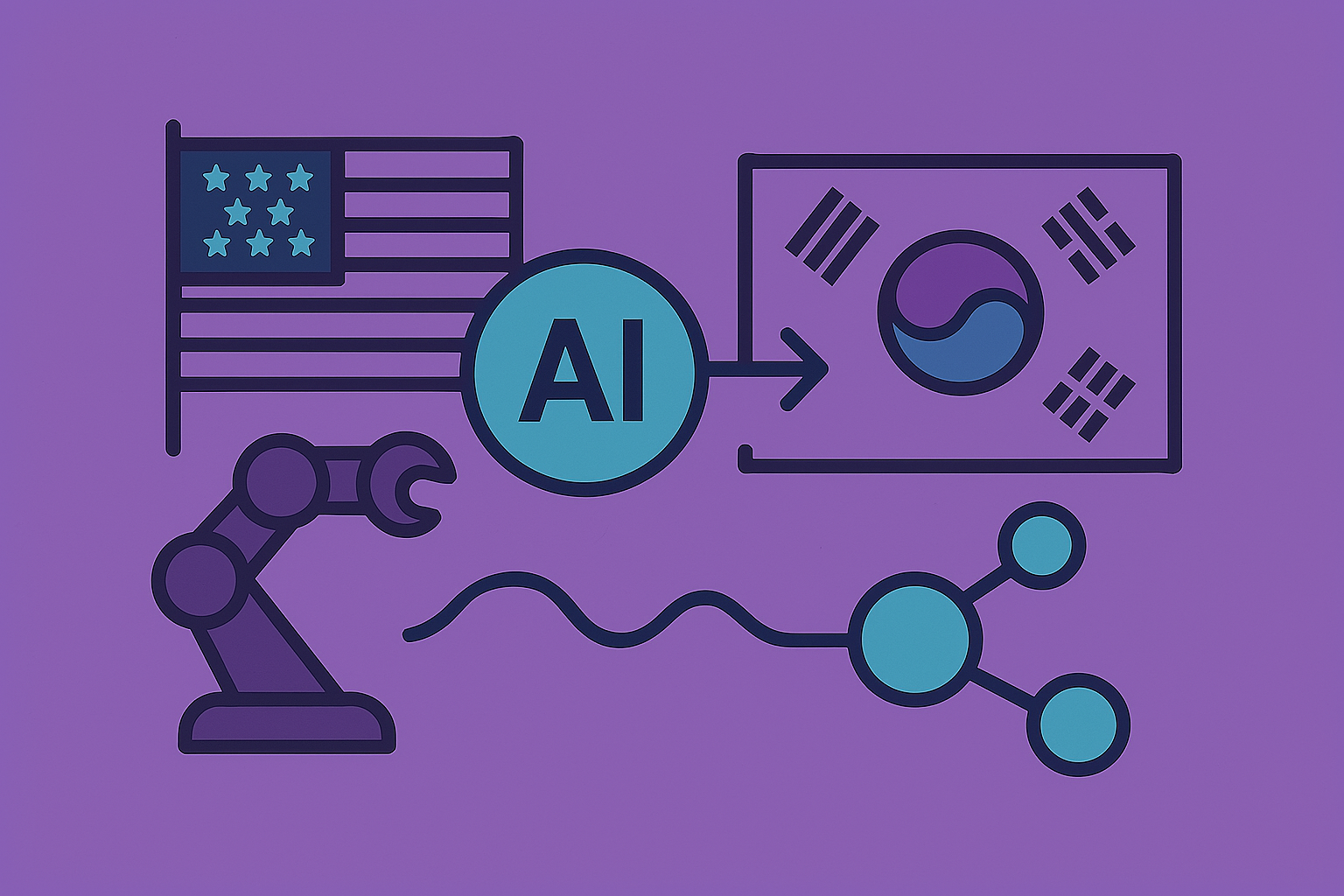 미국과 한국의 AI 업무환경을 상징적으로 비교한 감성 일러스트