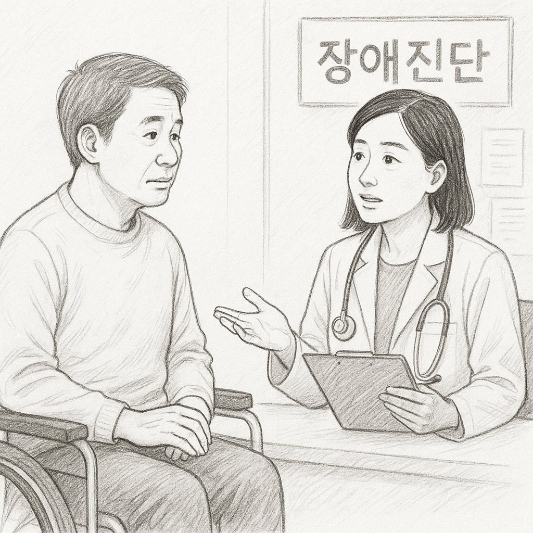 장애등급 판정을 위한 병원 진료 장면, 의사와 상담 중인 휠체어 사용자