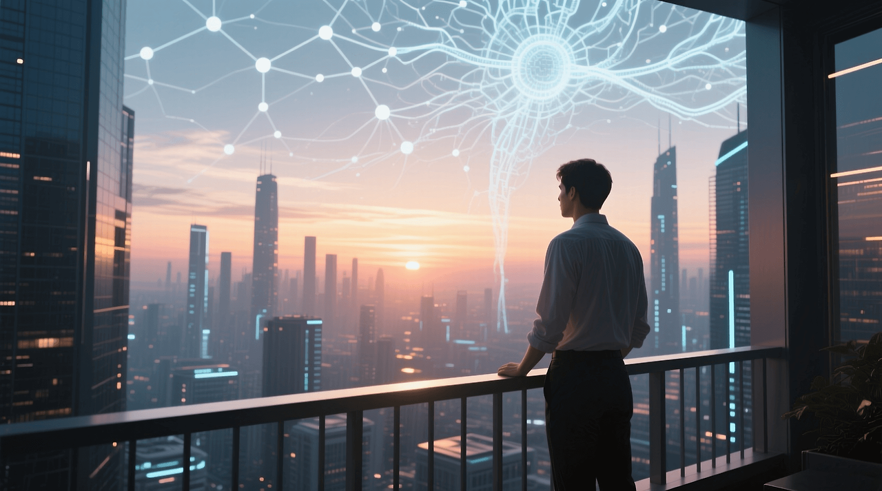 노을 지는 미래 도시를 배경으로 서 있는 사람과 은은하게 빛나는 디지털 네트워크 문양