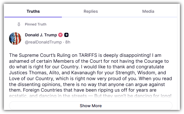 상호관세 위법 판결 후 트럼프 반응(트루스 소셜)