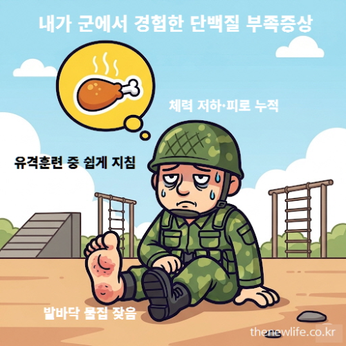 군 복무 중 단백질 부족으로 인한 체력 저하, 피로 누적, 발바닥 물집 등 훈련 시 겪은 단백질 부족 증상