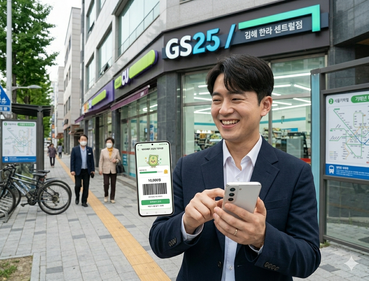 편의점 간판이 배경으로 보이는 한국의 거리에서 한 남성이 스마트폰으로 교환한 네이버페이 포인트 기프티콘을 확인하며 미소 짓는 모습