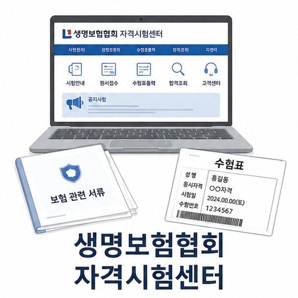 노트북의 자격시험센터 화면과 보험 서류, 수험표를 이용해 생명보험 관련 시험 사이트를 소개하는 그림
