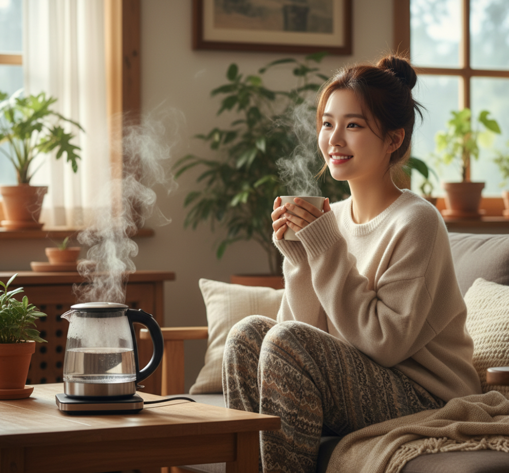 따뜻한 물을 마시는 여성