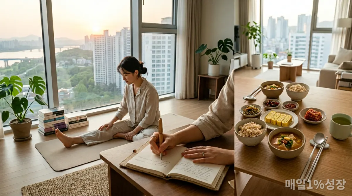 한국적인 아침 루틴의 여러 요소: 일기 쓰기, 스트레칭, 건강한 아침 식사