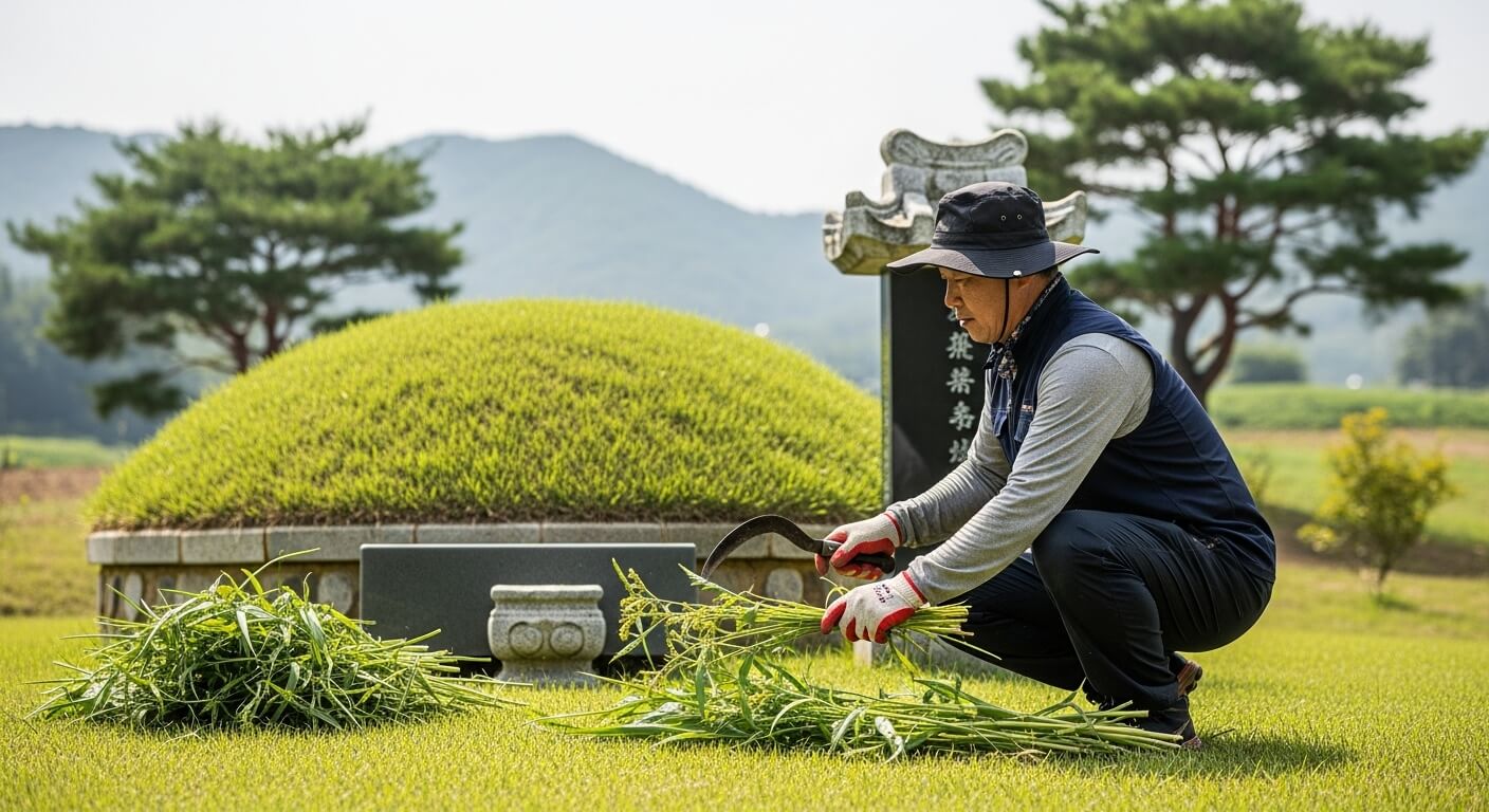 낫으로 성묘지 풀을 베어 모으는 작업자