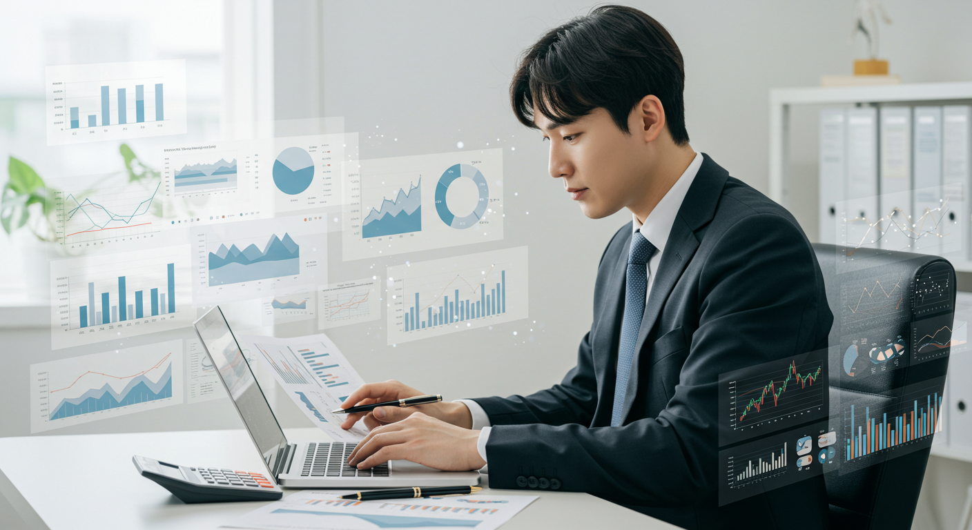 실적 발표 시즌에 기업 실적을 분석하는 한국 주식 투자자