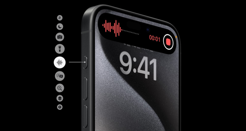 동작 버튼에 할당할 수 있는 동작들이 아이폰 15 Pro 옆에 아이콘으로 표시되어 있다.
