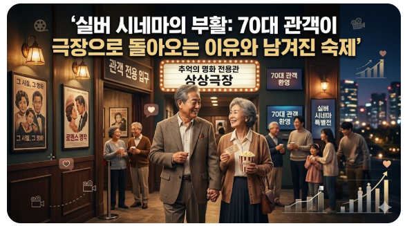 실버 세대의 극장 귀환과 그 의의를 다룬 블로그 썸네일입니다. 상단에는 실버 시네마의 부활: 70대 관객이 극장으로 돌아오는 이유와 남겨진 숙제라는 제목이 선명하게 적혀 있습니다.

이미지의 중심에는 환하게 웃으며 손을 잡고 영화관을 나서는 노부부의 모습이 담겨 있어 실버 관객의 활기찬 문화생활을 상징합니다. 배경에는 추억의 명화 전용관 상상극장이라는 간판과 함께 그 시절, 그 영화와 같은 복고풍 포스터들이 붙어 있어 노년층의 향수를 자극하는 공간임을 보여줍니다.

주변에는 젊은 세대와 함께 어우러진 다른 실버 관객들의 모습이 보이며, 하단에는 관객 수 증가를 의미하는 우상향 그래프와 하트 아이콘이 배치되어 실버 시장의 잠재력과 따뜻한 감동을 동시에 시각화하고 있습니다. 이는 단순한 소비를 넘어 세대 간 공존과 새로운 문화 트렌드로서의 실버 시네마를 나타냅니다.