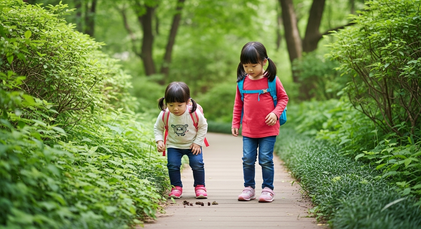 화담숲 숲길에서 식물을 관찰하며 즐거워하는 아이들의 모습