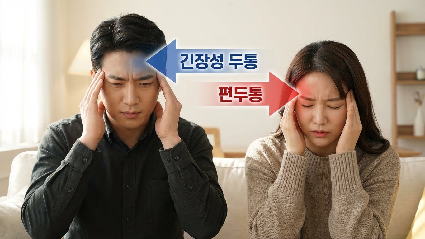 머리를 띠로 꽉 조이는 듯한 느낌을 호소하는 모습(긴장형 두통)