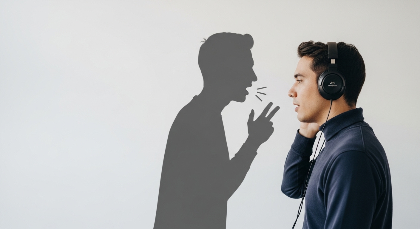 헤드폰으로 소리를 들으며 동시에 따라 말하는 쉐도잉 학습법을 표현한 일러스트.