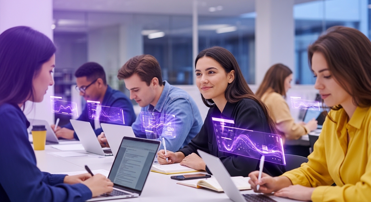 2026년 대학 도서관에서 노트북과 태블릿으로 ChatGPT를 활용하여 학습하는 다양한 대학생들의 모습, 미래지향적 학습 환경과 효율성 강조.