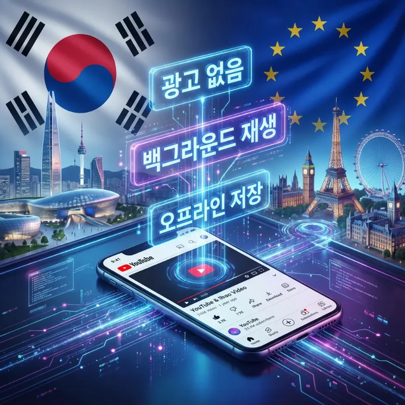 한국형 유튜브 프리미엄 라이트의 독점 기능인 백그라운드 재생과 오프라인 저장을 시각화한 비교 인포그래픽