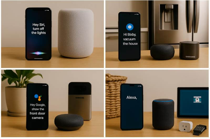 Siri·Bixby·Google·Alexa 음성 비서 기기 활용 장면 비교