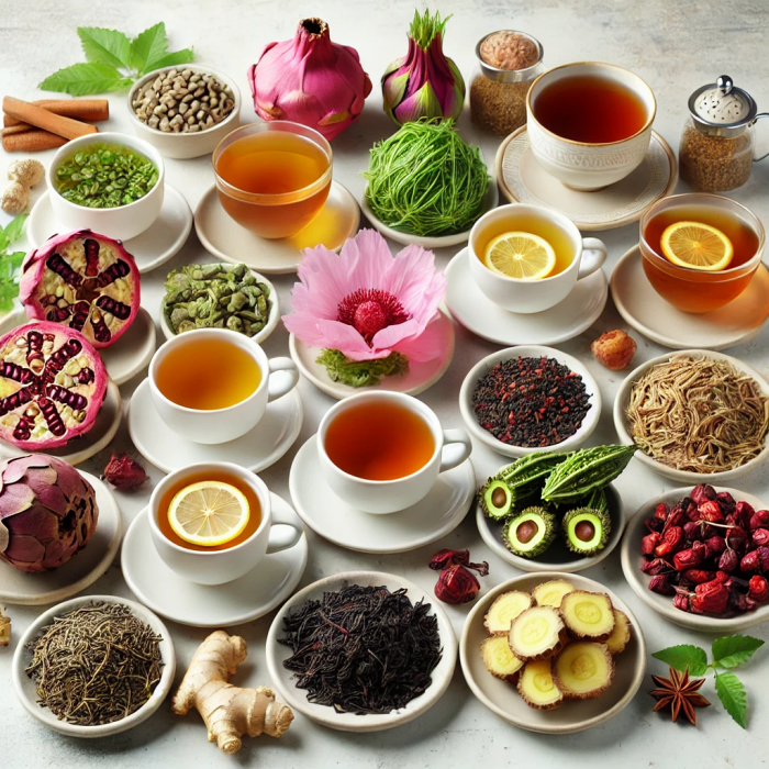 당뇨에 좋은 다섯 가지 차를 모아놓은 한눈에 보기 이미지