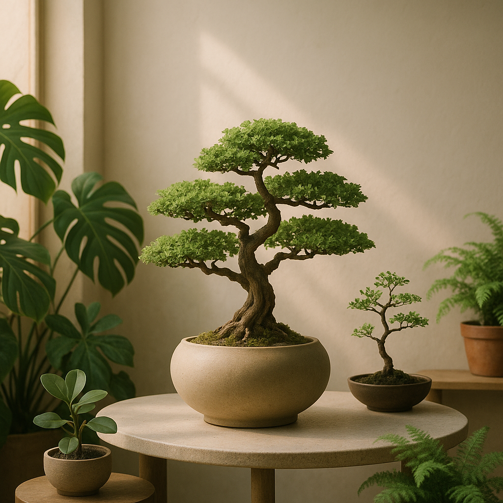 실내 분재와 식물로 꾸며진 미니멀 정원