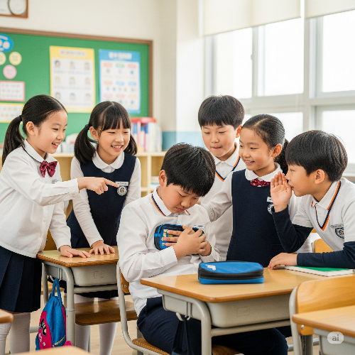 초등학생 남자 아이가 아이들에 둘러싸여 개근거지라고 놀림을 받고 있는 모습