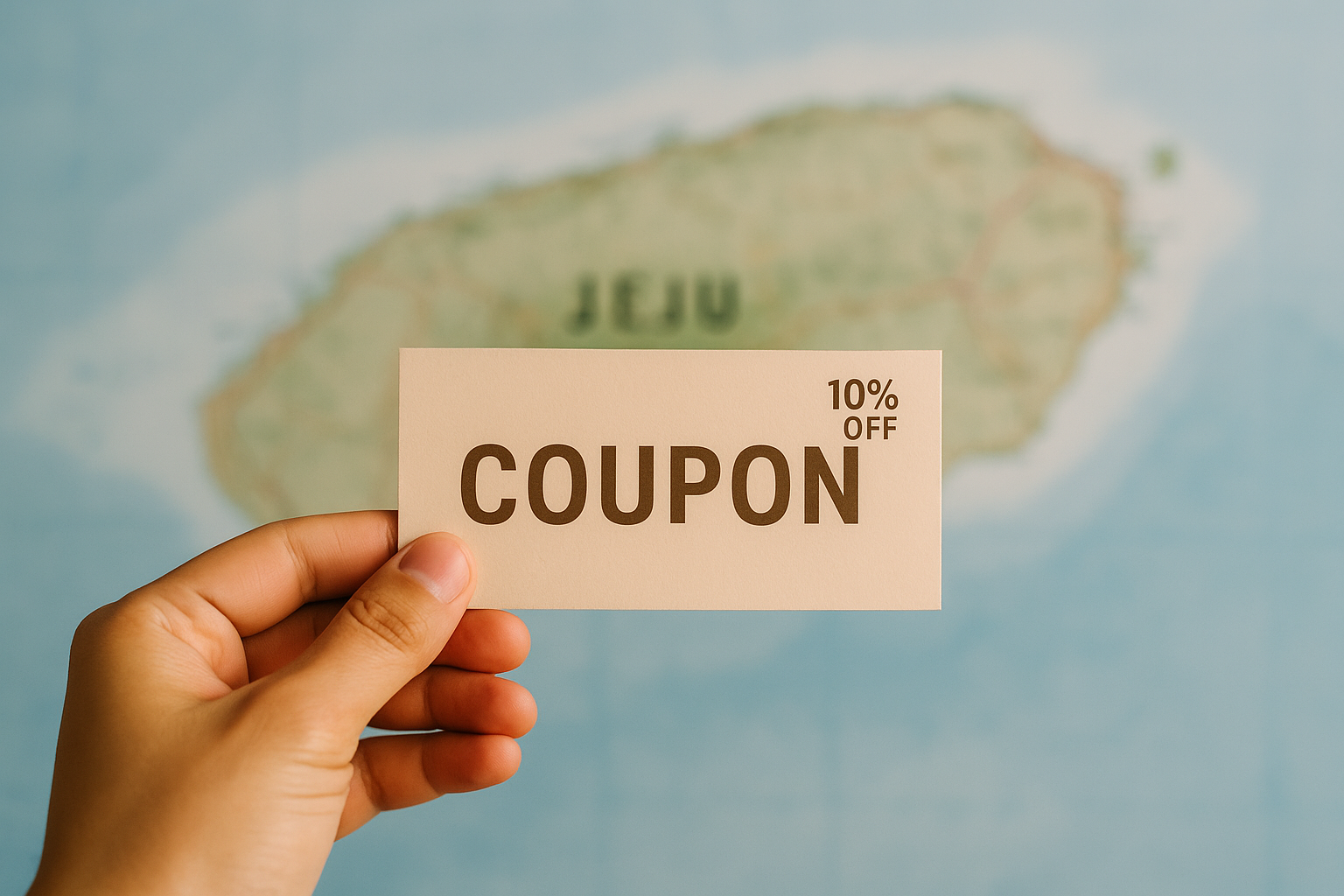 쿠폰을 들고 있는 손 + 제주 지도가 배경에 흐릿하게 있는 구조
