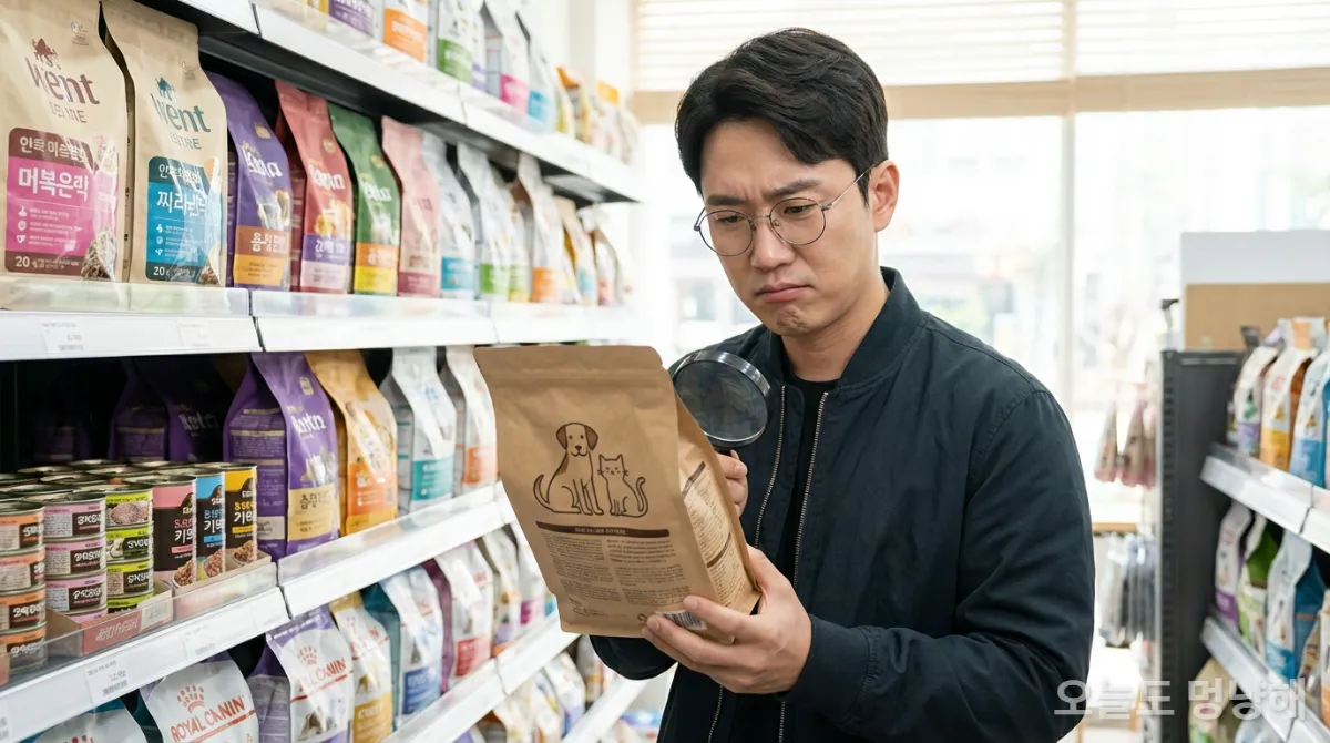 휴먼 그레이드 사료 성분표를 돋보기로 자세히 살펴보는 한국인 남성