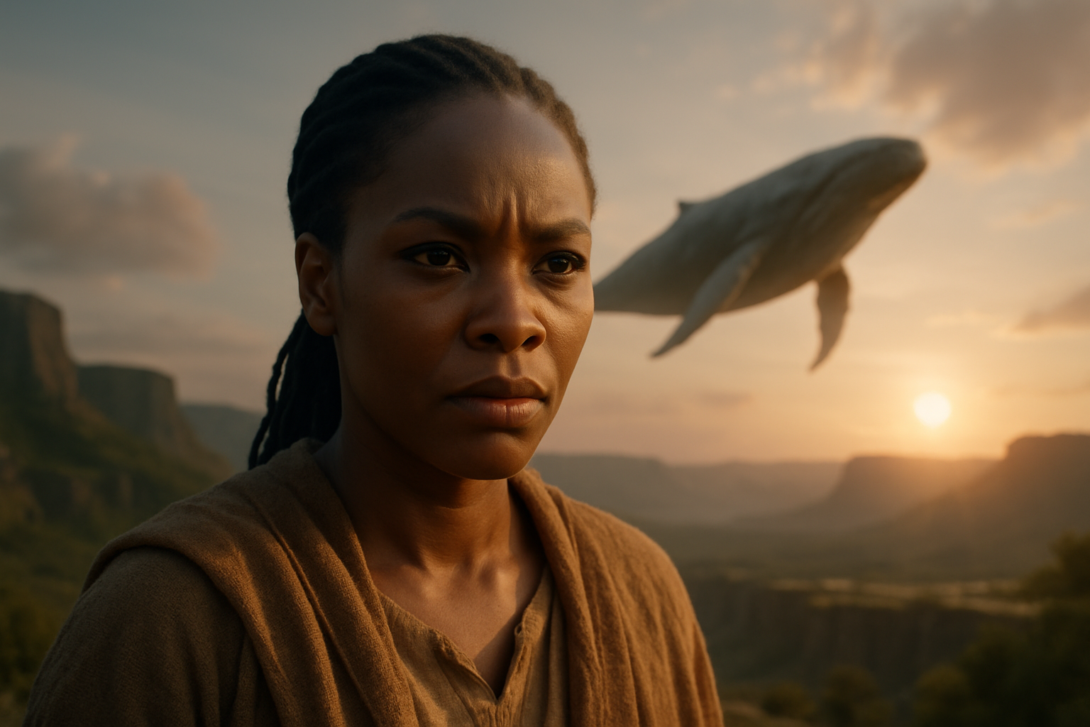 영화 '앙세스트라' 속 장면처럼 보이는 AI 생성 이미지로, 석양 배경 아래 고래가 떠 있는 하늘과 진지한 표정의 여성 인물이 함께 등장