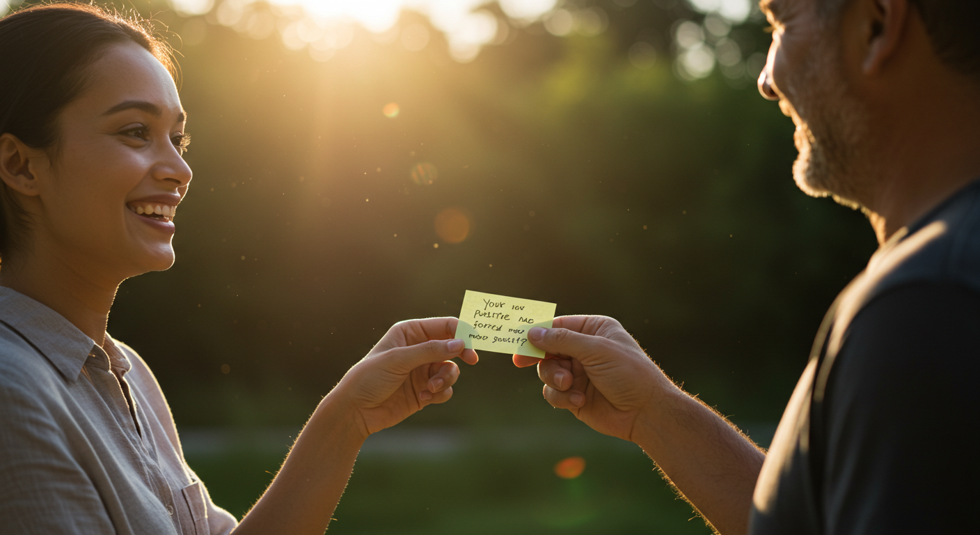 따뜻한 아침 햇살 속, 서로 미소 지으며 인사를 나누는 두 사람. 긍정적인 말 한마디가 전해지는 순간을 담은 장면