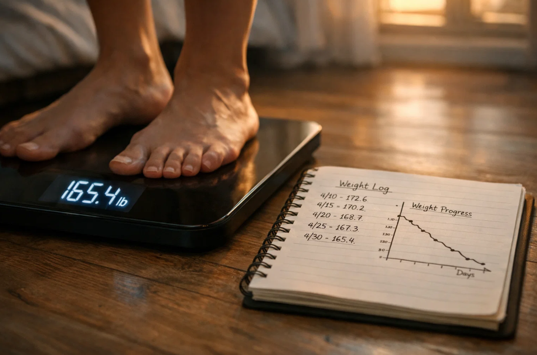 지방간 개선을 위해 매일 체중을 기록하며 완만한 감량을 확인하는 모습