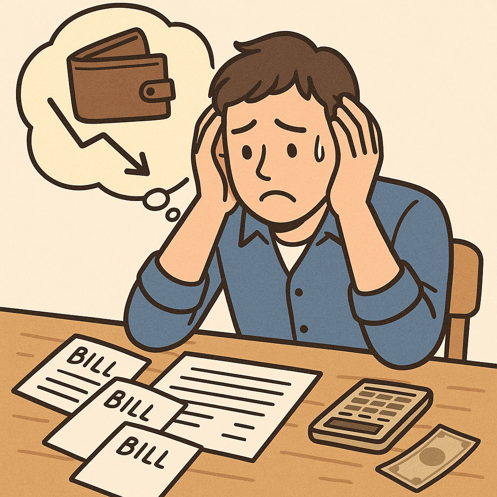 퇴사 후 소득이 단절되어 고정 지출을 감당하기 어려워하는 구직자의 모습을 시각적으로 표현한 일러스트 이미지