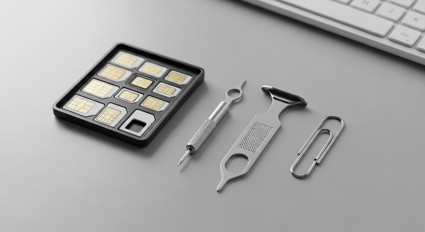 유심 교체를 위한 다양한 크기의 유심 카드, 유심 핀, 클립 등 필수 준비물이 깨끗하게 정돈되어 있는 모습.