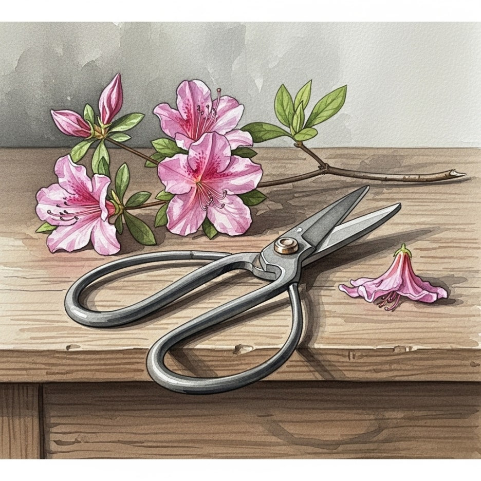 가지치기 도구와 화사한 연산홍 꽃가지