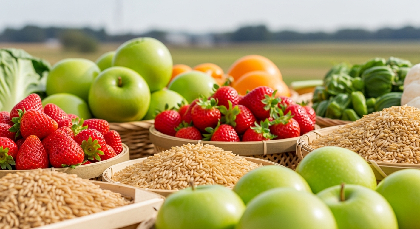 제철 딸기, 사과, 햅쌀 등 신선한 지역 농산물들이 풍성하게 진열되어 있다.