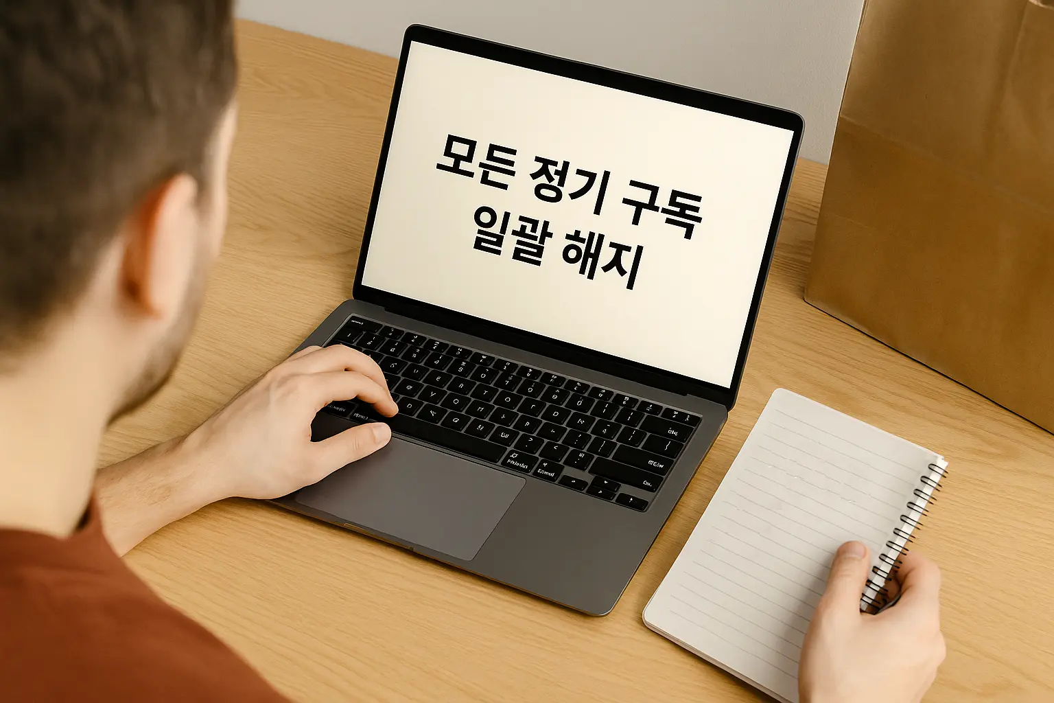 정기 구독 해지를 클릭하며 장보기 리스트를 점검하는 남성의 실천 장면