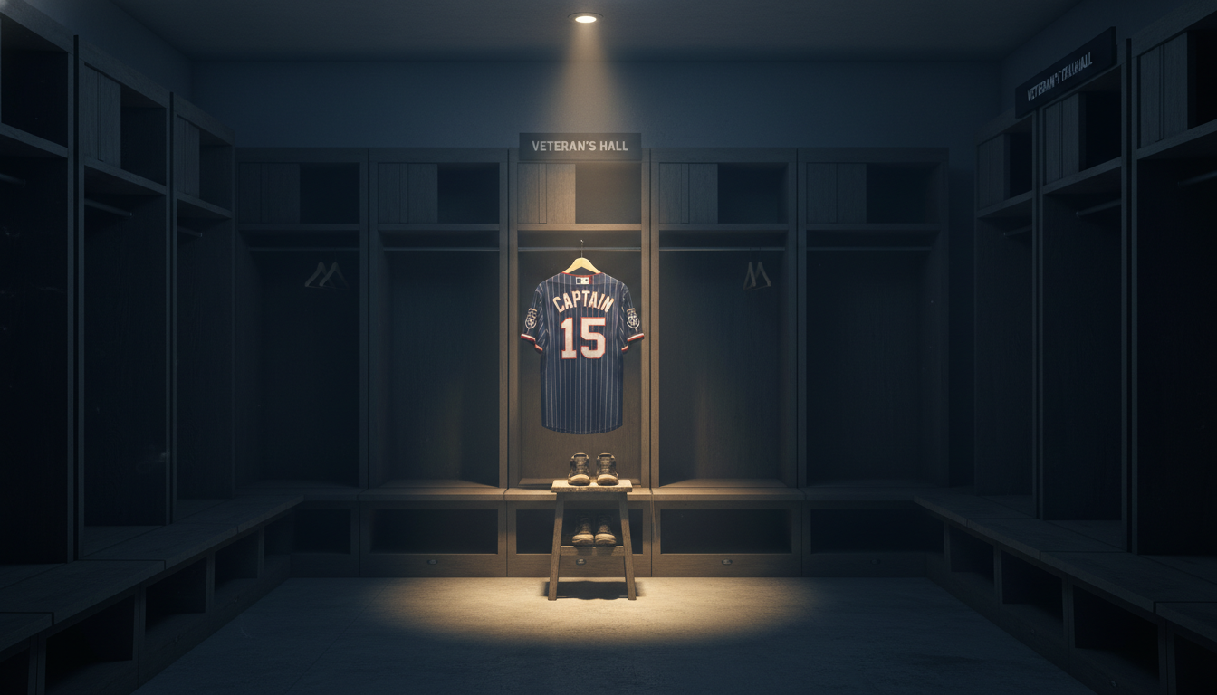 베테랑 선수의 무거운 책임감과 프로의 품격을 상징하는 텅 빈 야구 라커룸과 조명 받는 유니폼 일러스트
