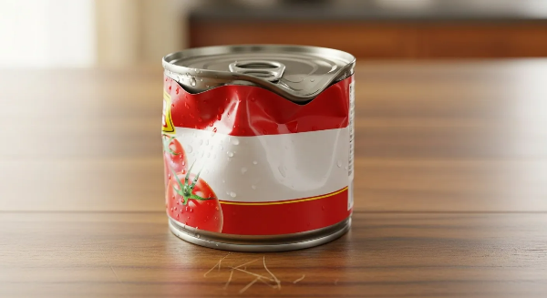 테이블 위에 찌그러진 캔이 올려져 있고, 아직 개봉되지 않은 상태의 토마토 통조림 캔