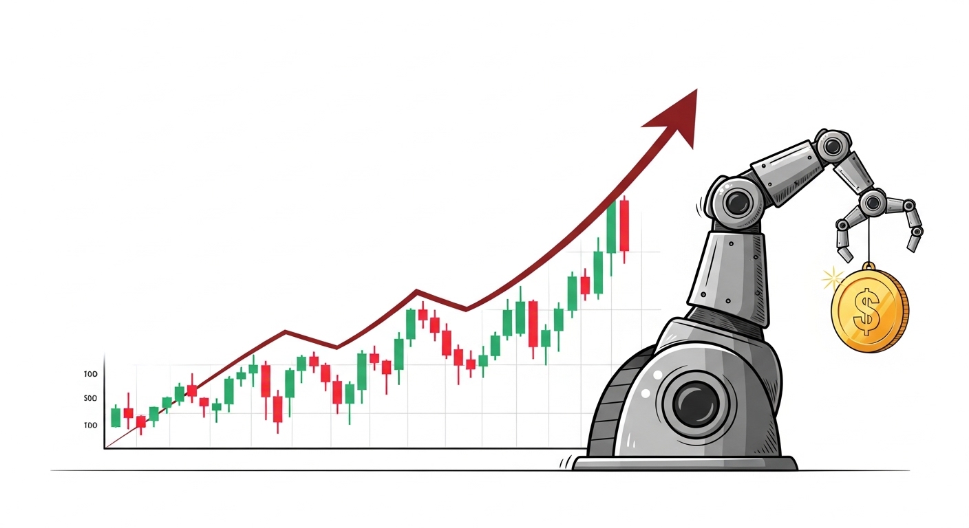 Graphic of a rising stock chart curve drawn in the shape of a robot arm, with a golden coin hanging at the end.