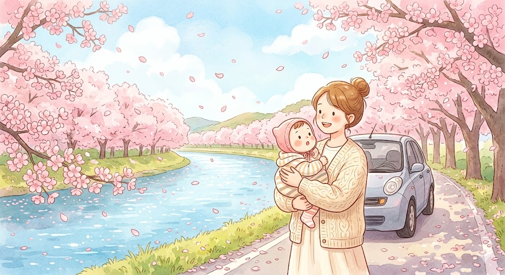 A mother holding her baby beside a car parked along a scenic riverside cherry blossom tunnel road in northern Gyeonggi, South Korea, in spring.