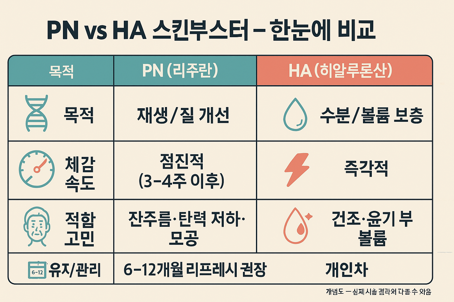 PN(리주란) vs HA(히알루론산) 스킨부스터 가로형 비교 인포그래픽: 목적, 체감 속도, 적합 고민, 유지/관리 요약