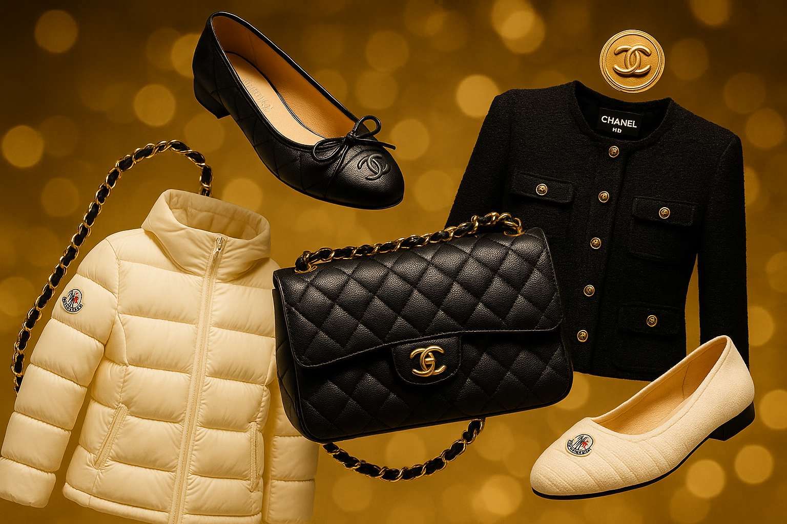 샤넬 가방과 재킷, 몽클레어 패딩과 플랫슈즈가 금색 배경 위에 떠 있는 명품 콜라주