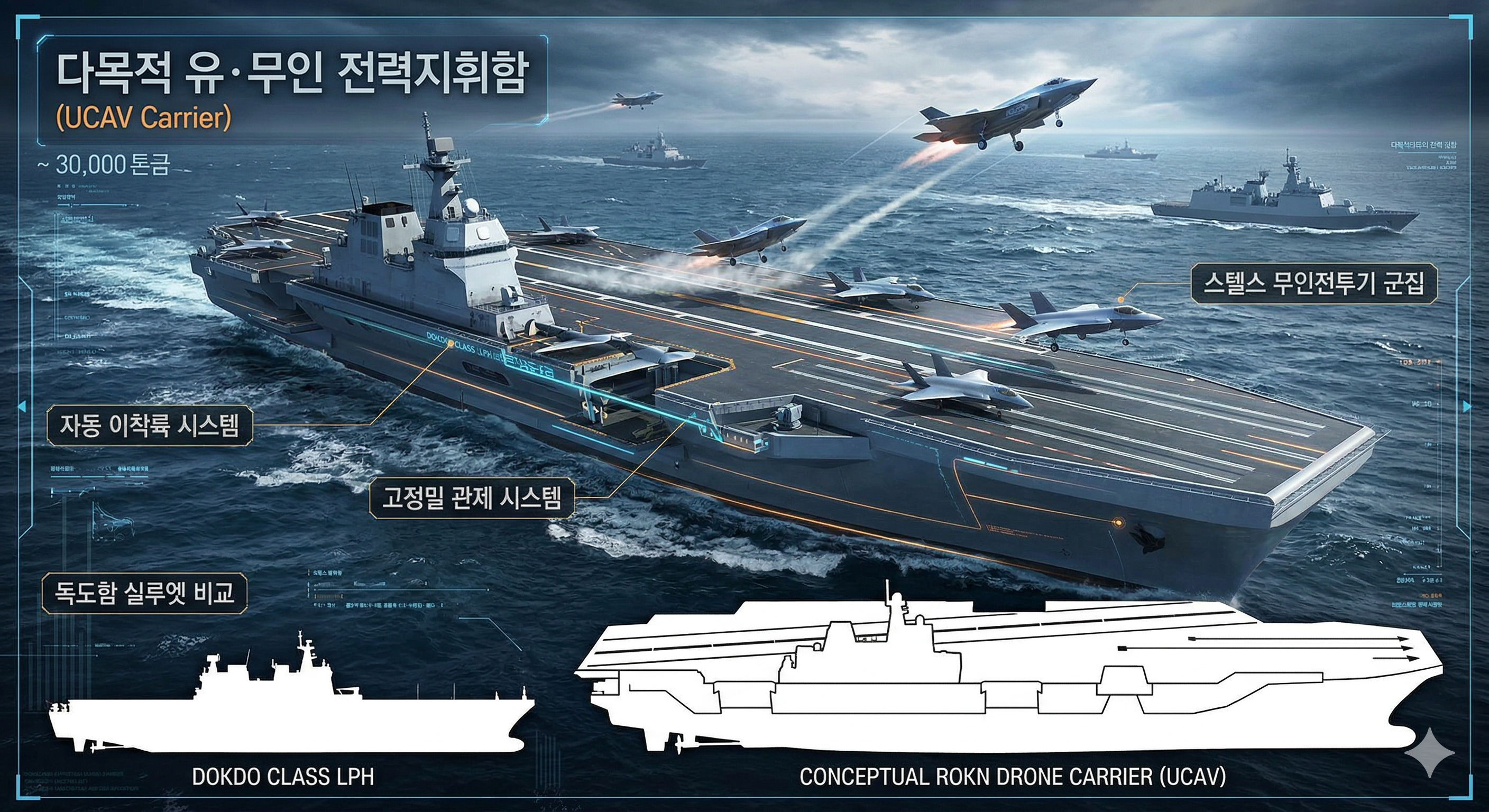 대한민국 해군의 미래 드론 항모(UCAV 전력지휘함)를 상상도 (AI 이미지)