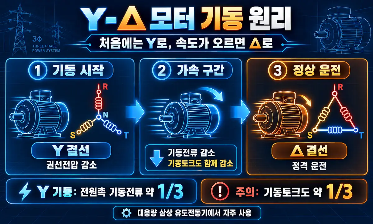 Y결선으로 기동한 뒤 델타결선으로 전환하는 모터 원리