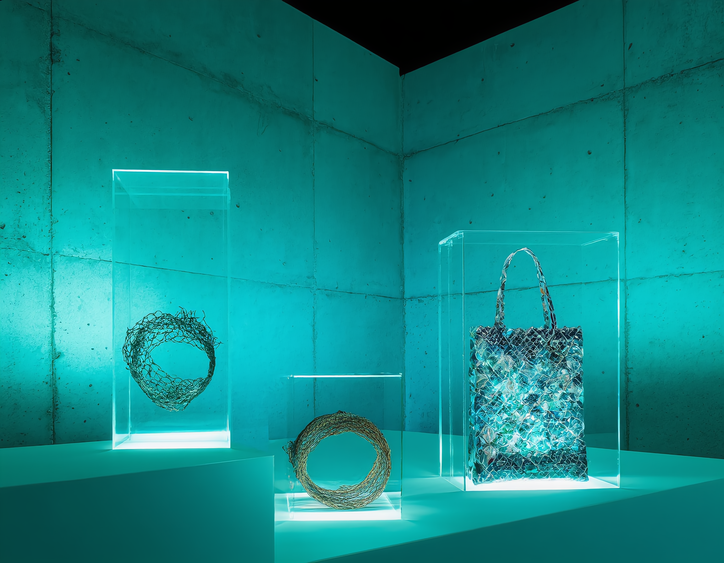 푸른 바다에서 수거한 폐플라스틱으로 제작된 모던한 기하학적 패턴의 토트백과 폐어망을 재구성한 추상적 형태의 브레이슬릿이 청록색 조명 아래 전시된 공간. 투명 아크릴 케이스에 진열된 제품들은 미니멀한 콘크리트 배경과 대비되며, 세련된 지속 가능성 컨셉을 강조하는 현대적 갤러리 분위기를 연출합니다.