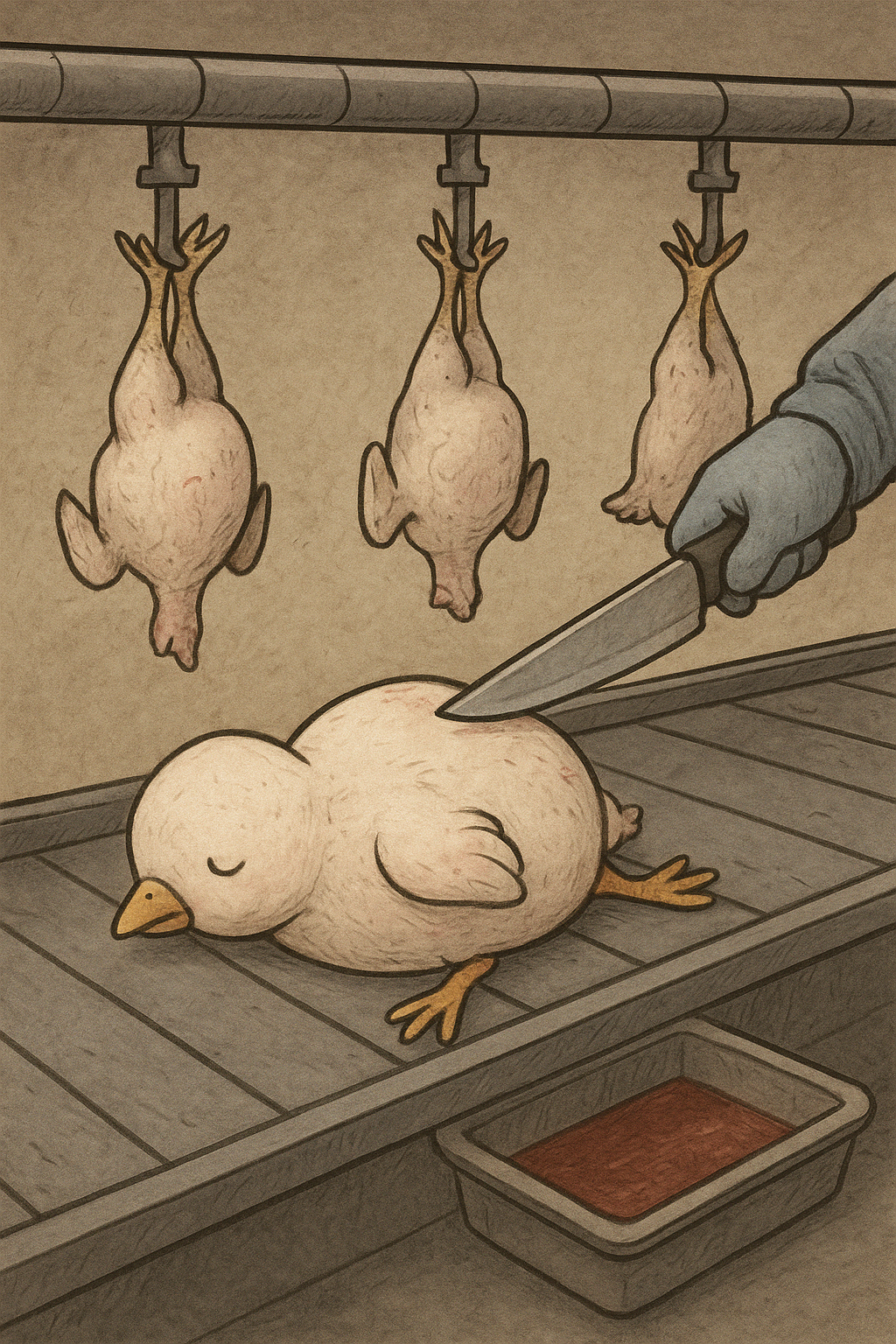 병아리에게 칼을 대고 있는 남자의 팔과 손질되어 컨베이어 벨트에 매달린 닭들