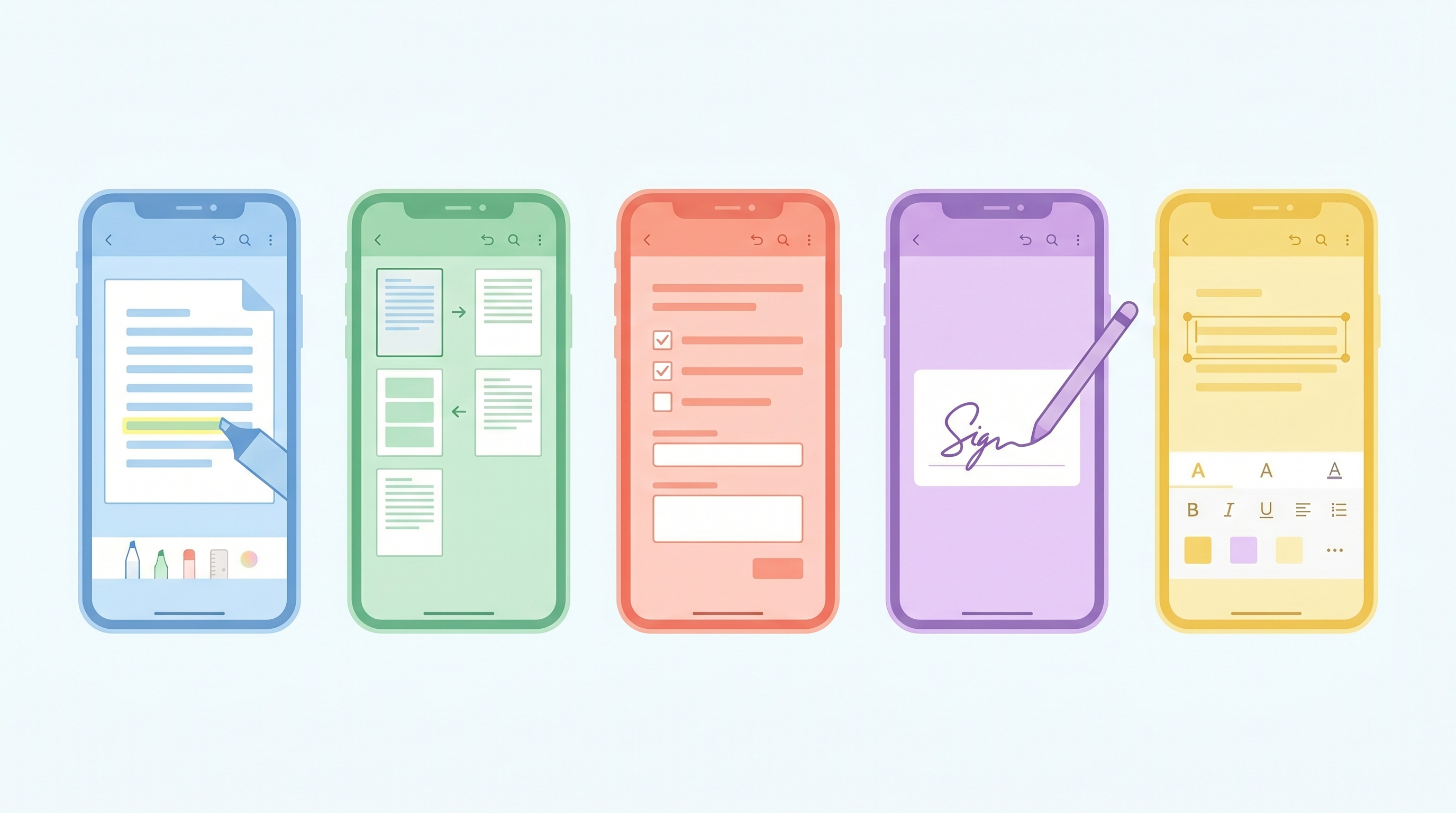 illustration comparing five best free PDF editor apps for Android side by side