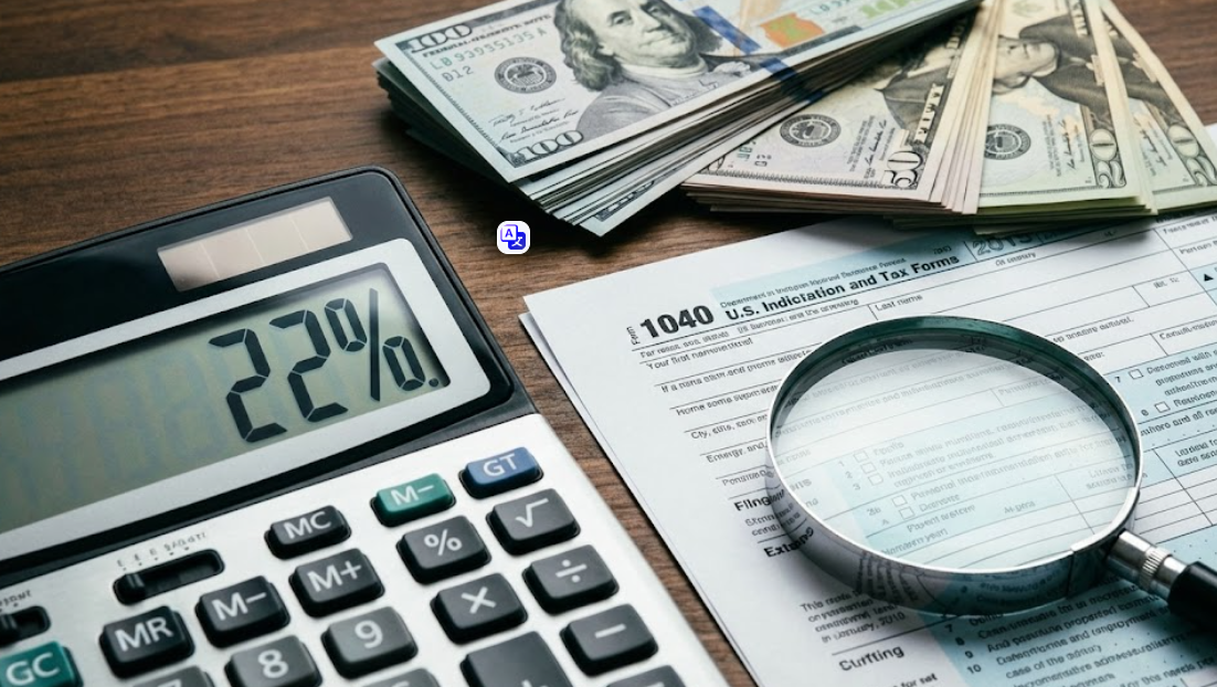 미국 주식 양도소득세 22% 세율 계산과 250만 원 기본 공제를 설명하는 계산기와 세금 서류