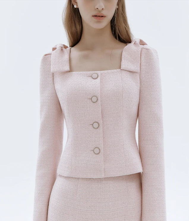 {투피스} 첫 번째 남자 60회 :: 김민설(진홍주) / 이바나헬싱키 IvanaHelsinki 핑크 어깨리본 트위드 자켓 스커트 셋업 투피스