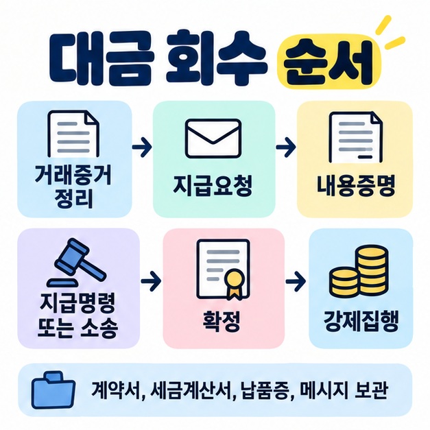 거래증거 정리, 지급요청과 내용증명, 지급명령 또는 소송, 확정 후 강제집행으로 이어지는 물품대금 회수 순서를 정리한 카드