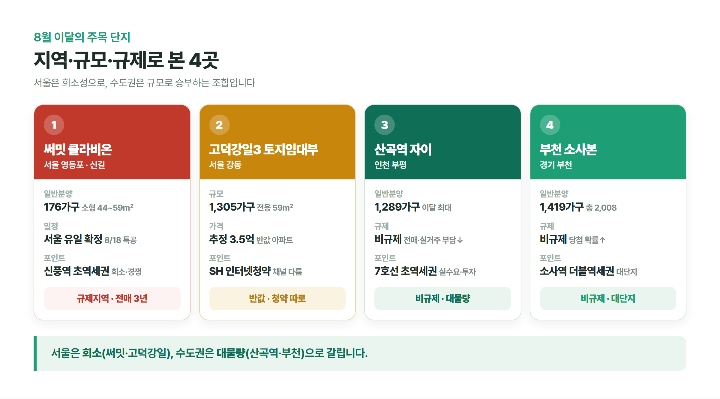 8월 주목 단지 네 곳을 써밋 클라비온은 규제지역, 고덕강일3 토지임대부는 반값·청약 방법 다름, 산곡역 자이와 부천 소사본은 비규제 대물량으로 지역·규모·규제 기준에 따라 비교한 카드