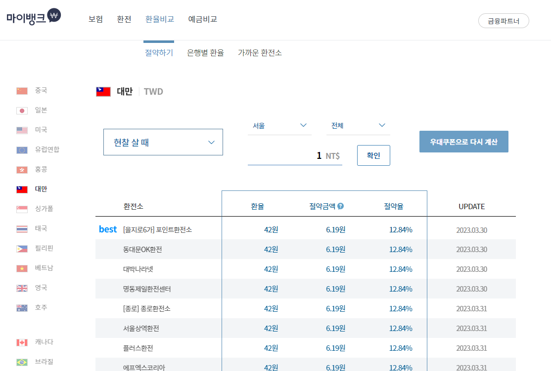 마이뱅크 환율비교