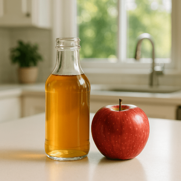 투명한 유리병에 담긴 애플사이다비니거와 붉은 사과가 함께 놓인 정갈한 테이블